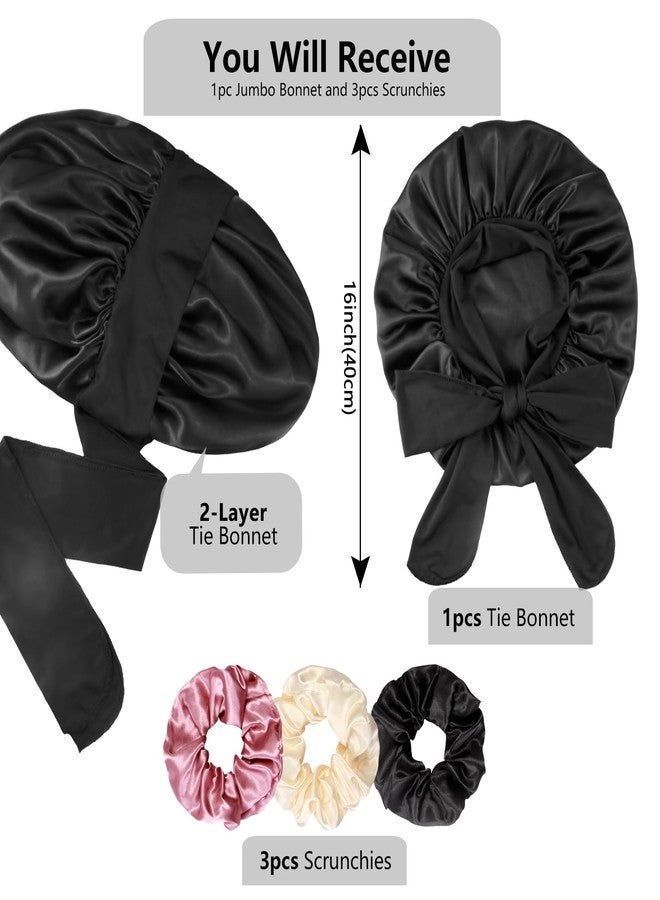 Heniho 1+3 Large Satin Bonnets with Scrunchies for Women, Double Layer Hair Bonnet Tie Bonnet for Sleeping Braids Curly Hair, B - Image 2
